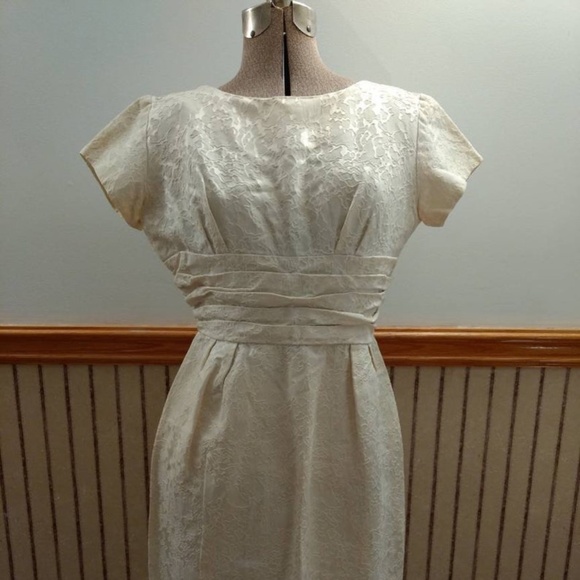 Vintage 50s Cocktail Dress 36" Bust Cream "A Lawrence Original" Jacquard - Picture 1 of 15